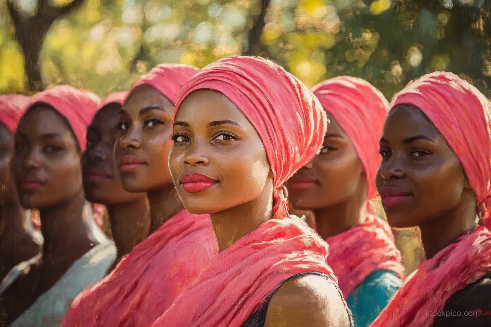 Six women in matching vibrant pink headwraps pose together outdoors with soft sunlight and a blurred green background.