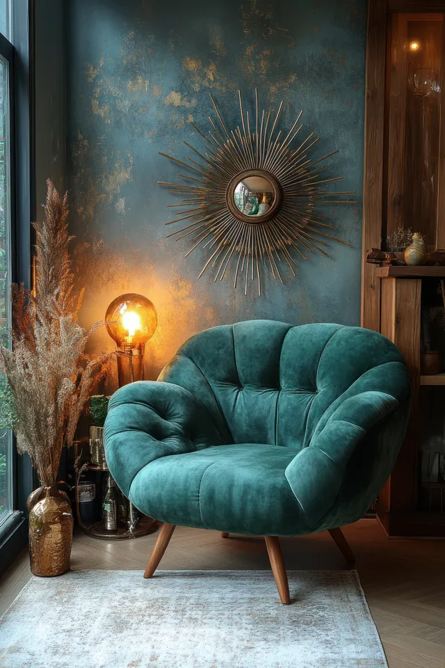 Teal tufted armchair in a warmly lit living room corner with star ornament, candlelight, and winter decor.