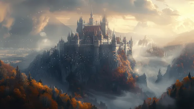 Majestic fantasy castle perched on mountain summit under cinematic autumn sunset clouds