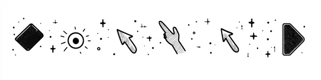 Hand-drawn minimalist cursor and pointer doodles with small star sparkles on a white background.