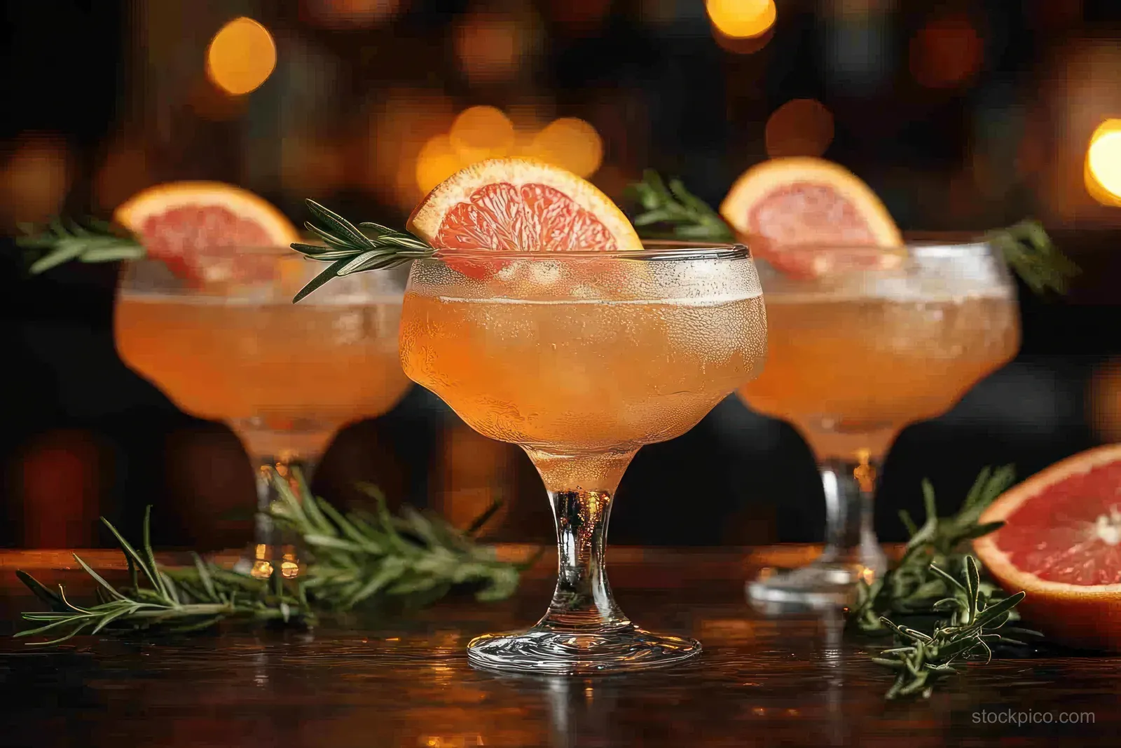 Three Paloma cocktails on a dark wooden bar counter, garnished with grapefruit slices and rosemary amid warm lights.