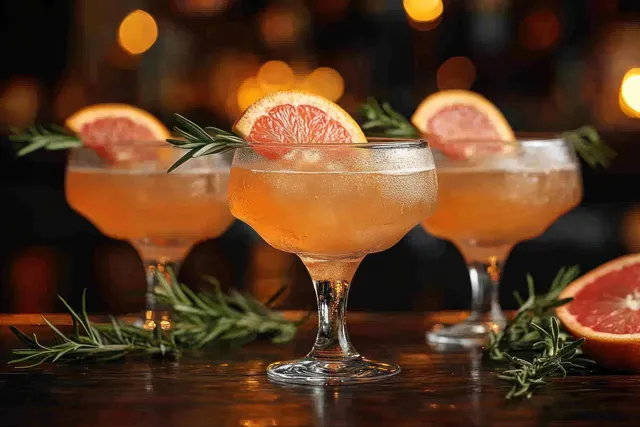 Three Paloma cocktails on a dark wooden bar counter, garnished with grapefruit slices and rosemary amid warm lights.