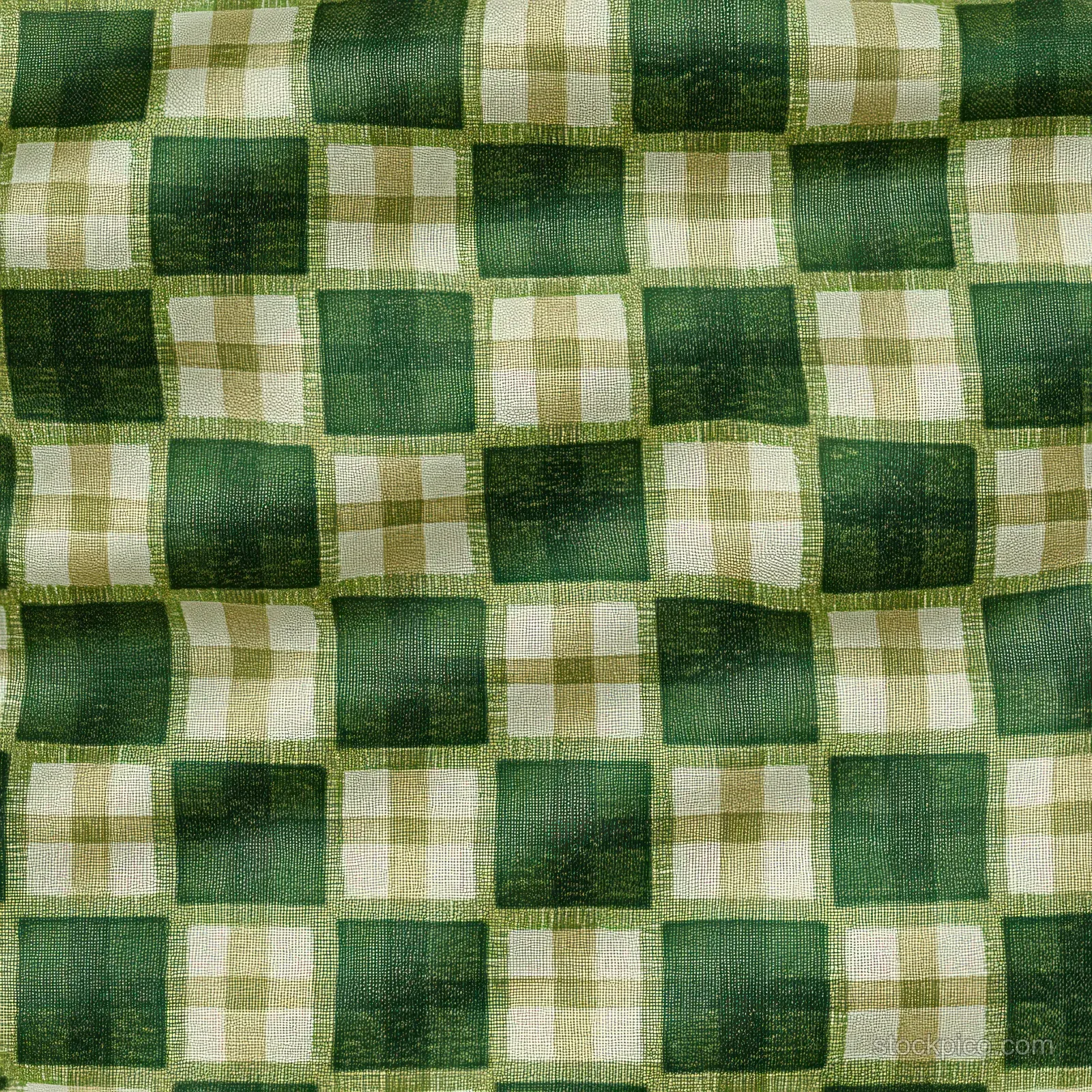 Green and beige checkered woven fabric close-up with textured square pattern and visible fabric weave.