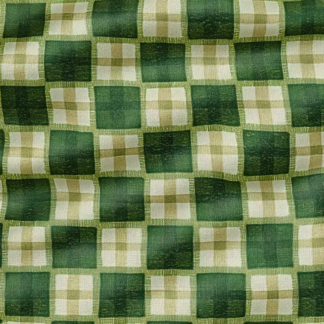 Close-up of green and beige checkered woven fabric with textured square pattern