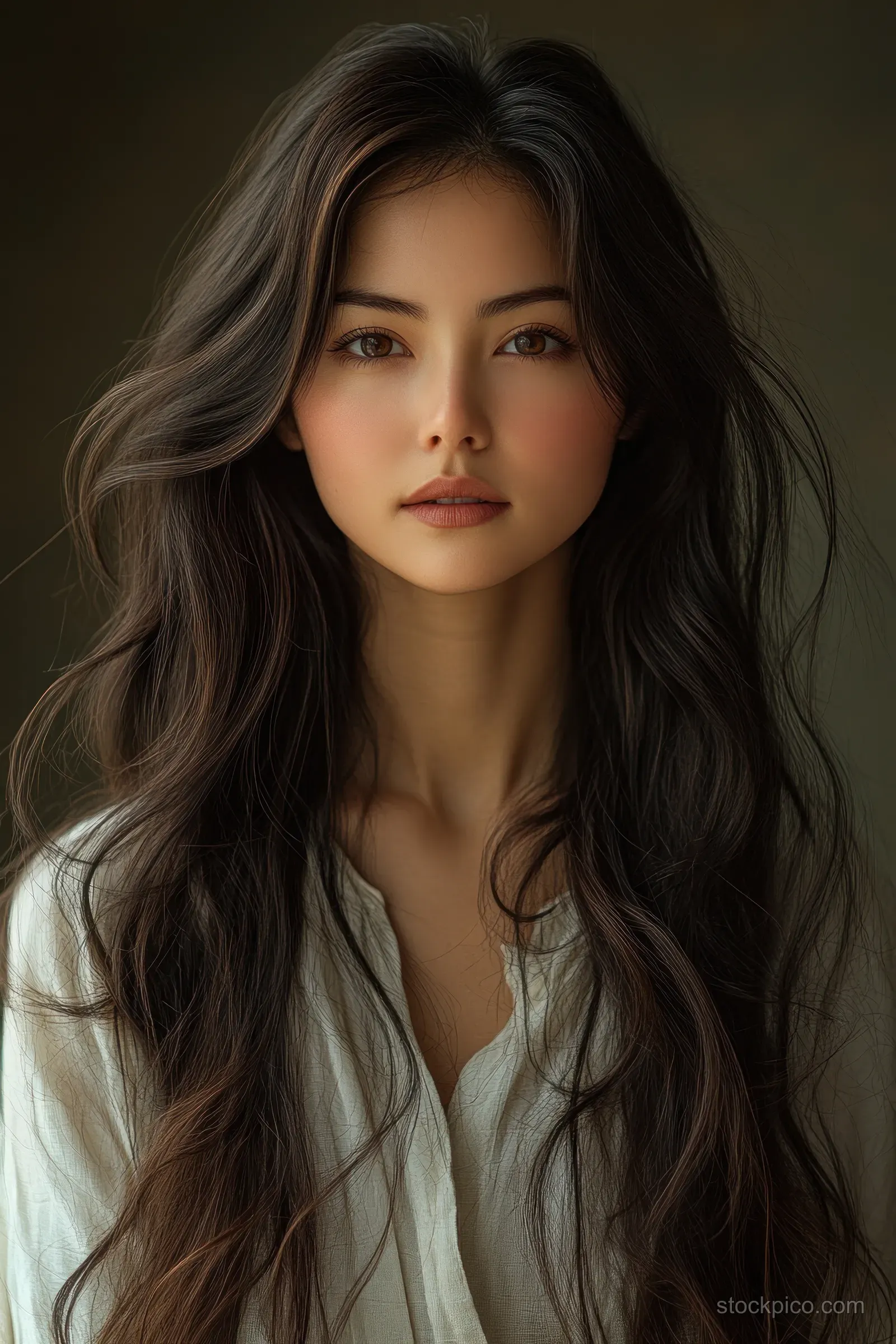 Young woman in a minimalist fashion portrait with flowing hair against a warm beige background.