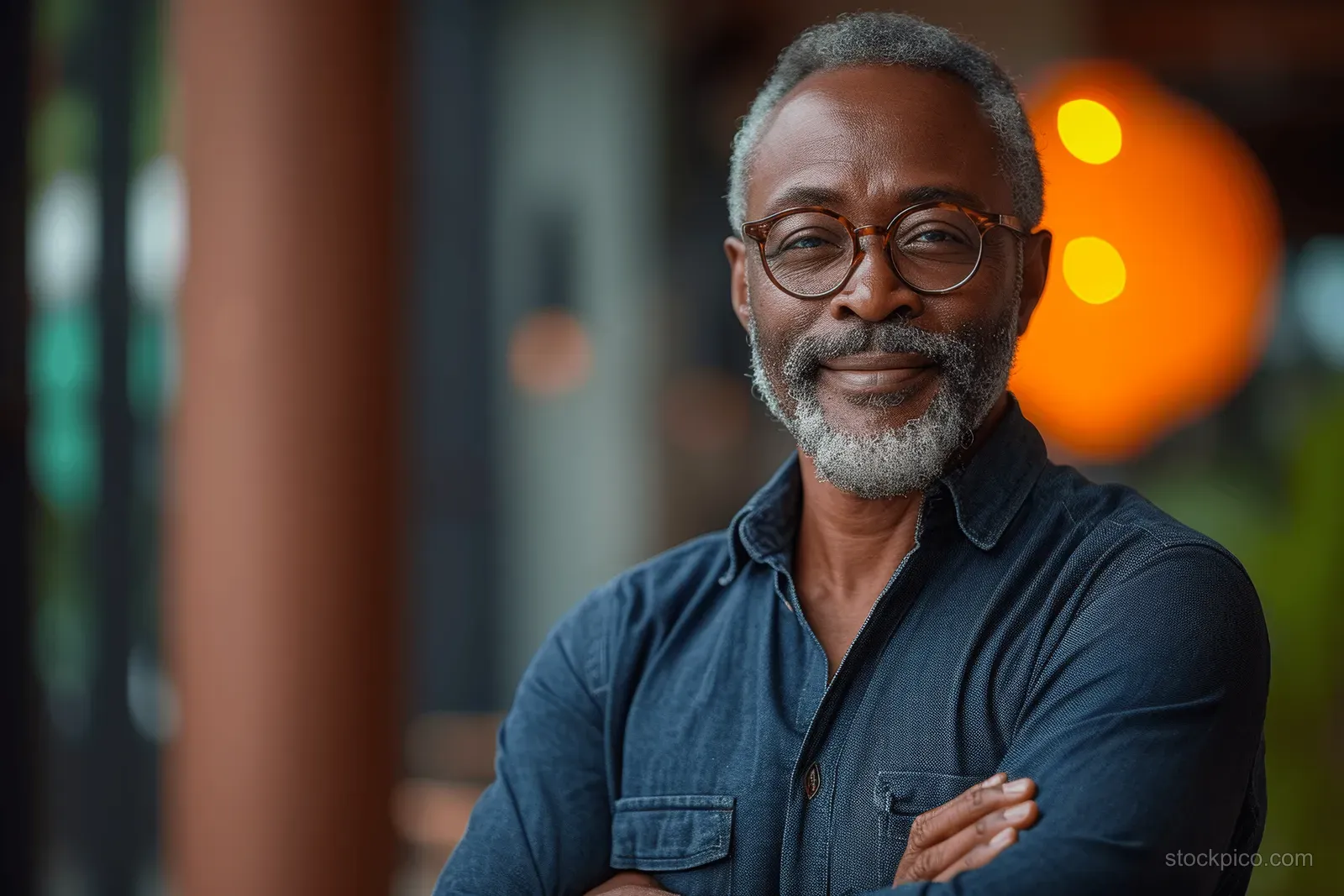 Smiling older African American businessman with glasses stands in an office with warm orange bokeh lights behind him.