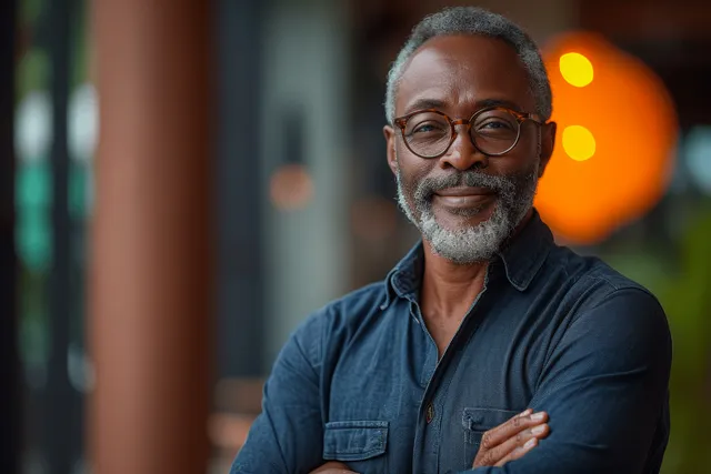 Un empresario afroamericano mayor sonriente con gafas está de pie en una oficina con cálidas luces bokeh naranjas detrás de él.