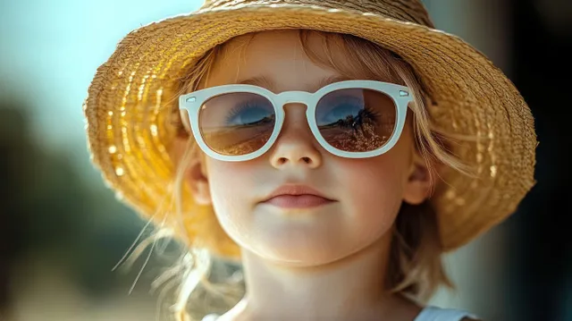 Young child wearing white sunglasses and a straw hat in sunny outdoor light.