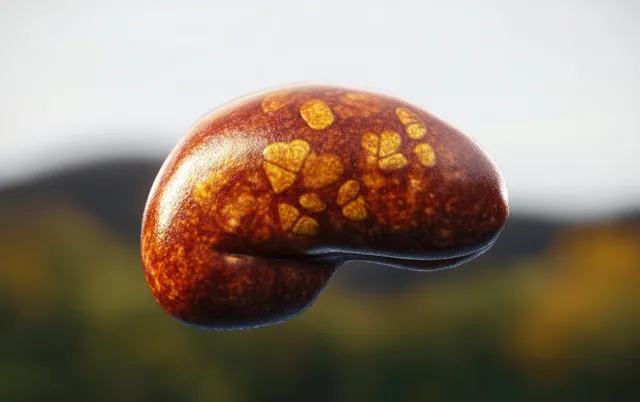 A floating glossy 3D liver with yellow fat deposits sits on a soft gradient background.