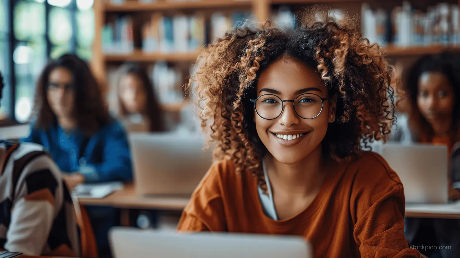 Student with curly hair studies on a laptop at a library table, with classmates blurred behind.
