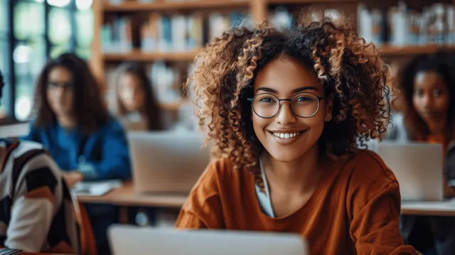 Student with curly hair studies on a laptop at a library table, with classmates blurred behind.
