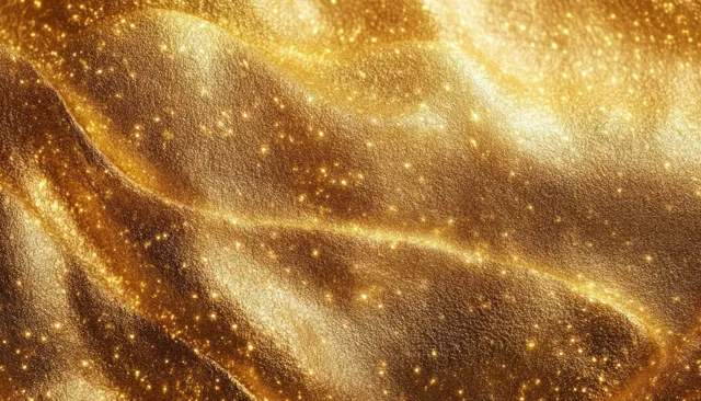 Redemoinhos abstratos de folha de ouro com textura brilhante de glitter e suaves rastros de luz luminosa.