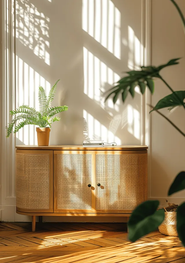 Sunlit sideboard with potted plants and patterned window light across a parquet wooden floor.