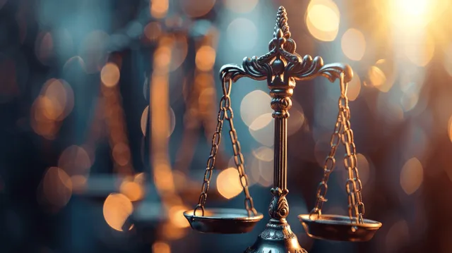 Justice scales with bronze chains standing against softly blurred bokeh lights