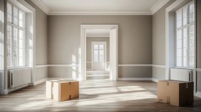 Empty bright room with large windows, wooden floor, and two cardboard moving boxes near open doors.
