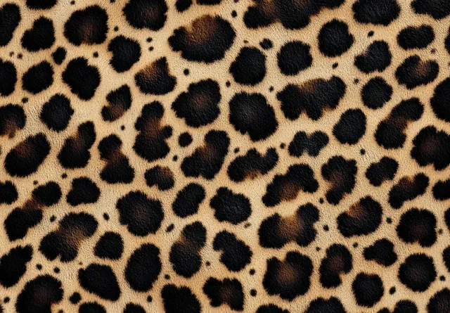 Close-up of leopard fur with dense black rosettes and spots on a warm tan background.