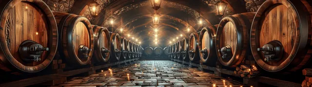 Warm lanterns light an underground beer tunnel lined with large oak barrels.