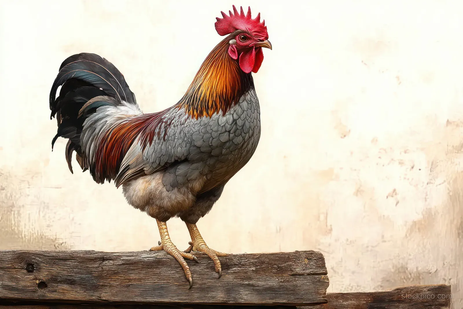 Colorful rooster stands on a weathered wooden beam with a bright red comb and wattles against a neutral textured wall.