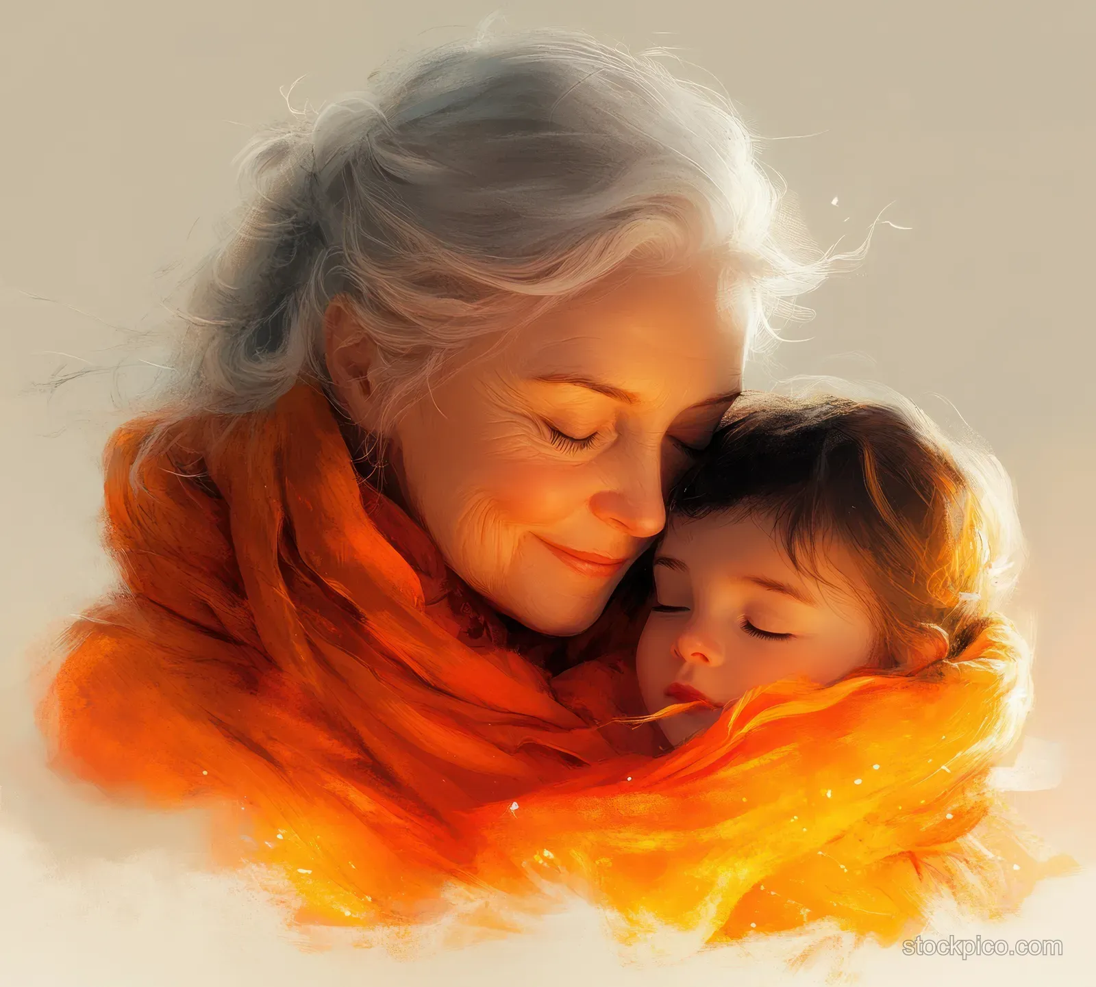 A grandmother hugs a sleeping child with warm glowing orange watercolor lighting and a gentle smile.