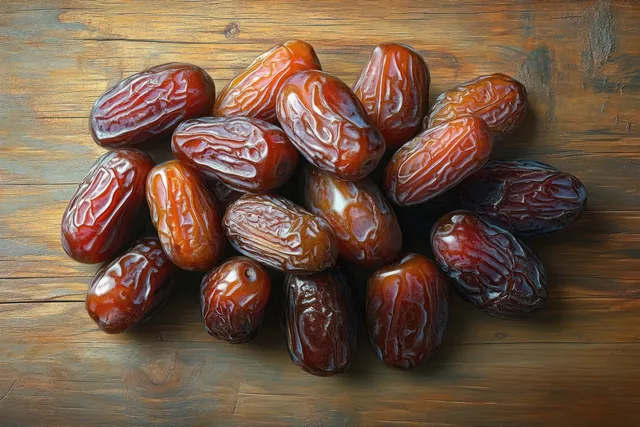 Close-up pile of glossy ripe dates with wrinkled skins on a rustic wooden surface.