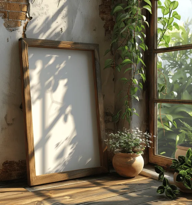 A blank rustic wooden photo frame sits on a sunlit window sill beside potted plants with trees visible outside.