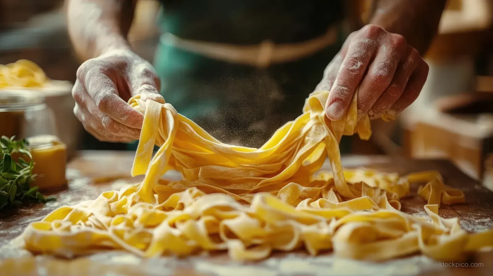 Hands stretch yellow pasta ribbons on a floured wooden table with loose strands scattered around.