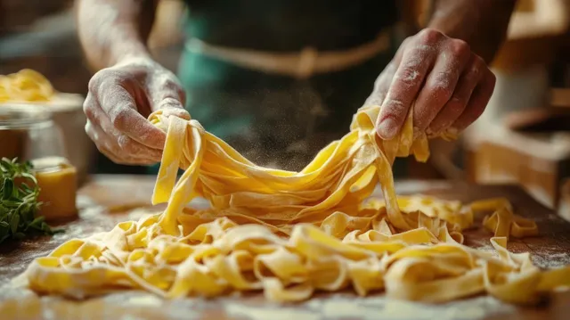 Hands stretch yellow pasta ribbons on a floured wooden table with loose strands scattered around.