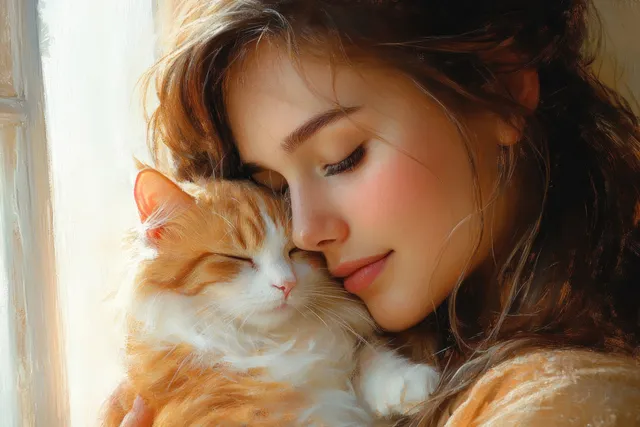 A woman holds a cat on her lap during a warm, soft-focus indoor portrait.