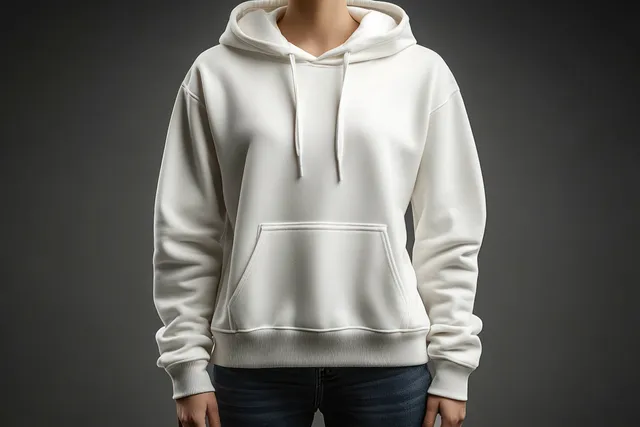 Person wearing a plain white hoodie with drawstrings and a front pouch pocket against a dark background.