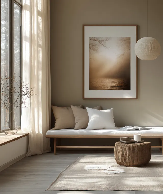 Wooden-framed blank poster on a wall above a sofa in a Scandinavian living room with soft daylight.