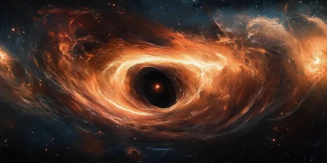 Swirling black hole consumes stars within a vibrant nebula, glowing under chiaroscuro lighting