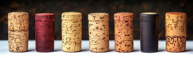 Seven wine corks stand upright in a row on a white surface against a dark blurred background.