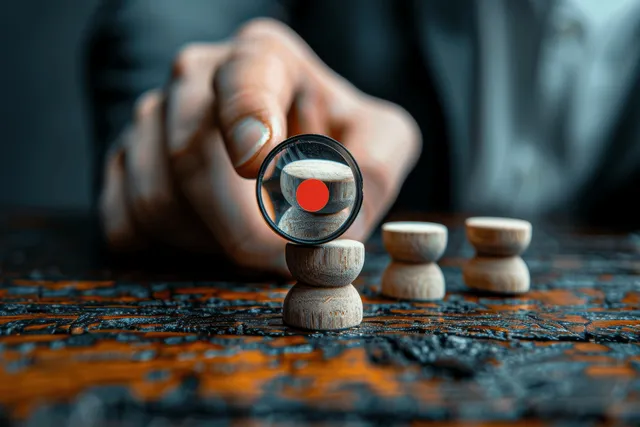 Magnifying glass aiming at a target beside a step-like stair on gray tabletop