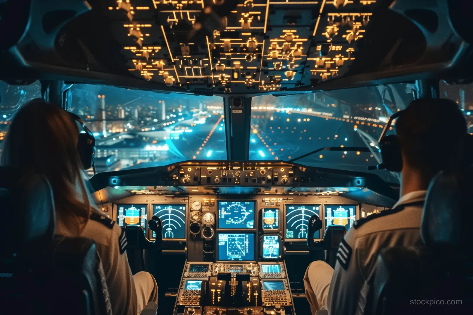 Two pilots sit in a night airplane cockpit, watching the illuminated runway approach through the windshield.