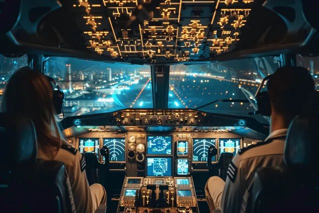 Two pilots sit in a night airplane cockpit, watching the illuminated runway approach through the windshield.