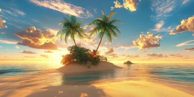 Palm trees and lush vegetation on a small tropical island as the sun sets over calm ocean waters.