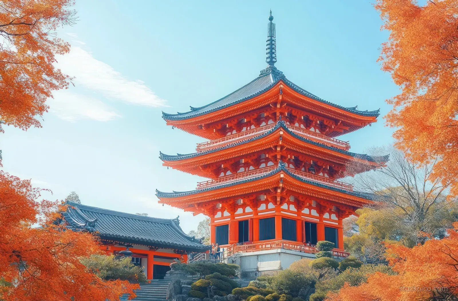 A three-tiered red pagoda sits behind orange autumn leaves and shrubs under a clear blue sky.