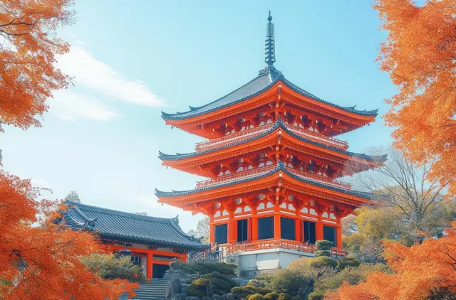 A three-tiered red pagoda sits behind orange autumn leaves and shrubs under a clear blue sky.