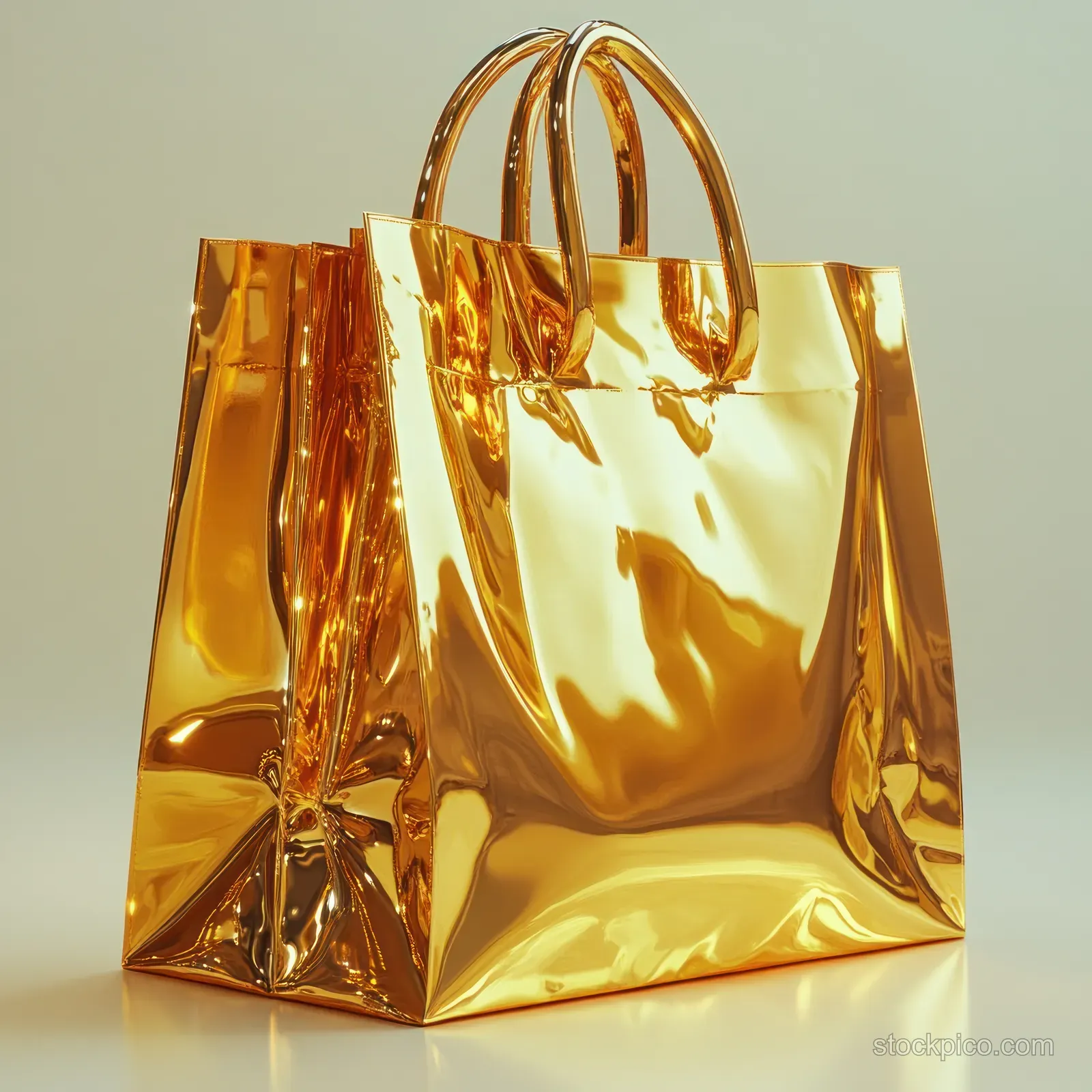 Glossy gold shopping bags arranged together on a bright white background with reflections.
