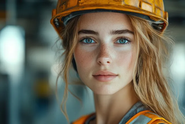 Female engineer wearing an orange safety hard hat stands in an industrial workshop near machinery and metal components.