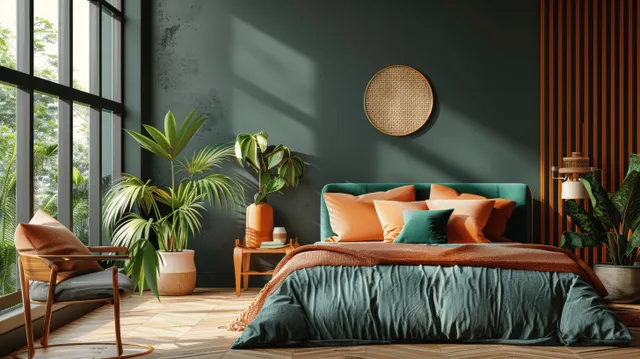 3D modern bedroom interior with dark green bed, peach accents, plants, and sunlight through windows