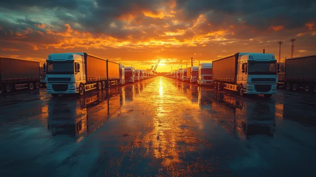 A long row of white delivery trucks parked in a logistics yard with sunrise light reflecting on wet pavement.