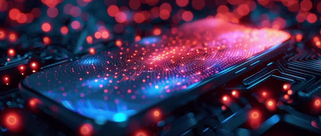 A neon-lit smartphone screen displays a fingerprint authentication icon beside a glowing digital security shield.