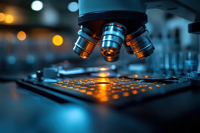 A dental therapist inspects a tooth sample under a microscope in a clinical laboratory with soft light.