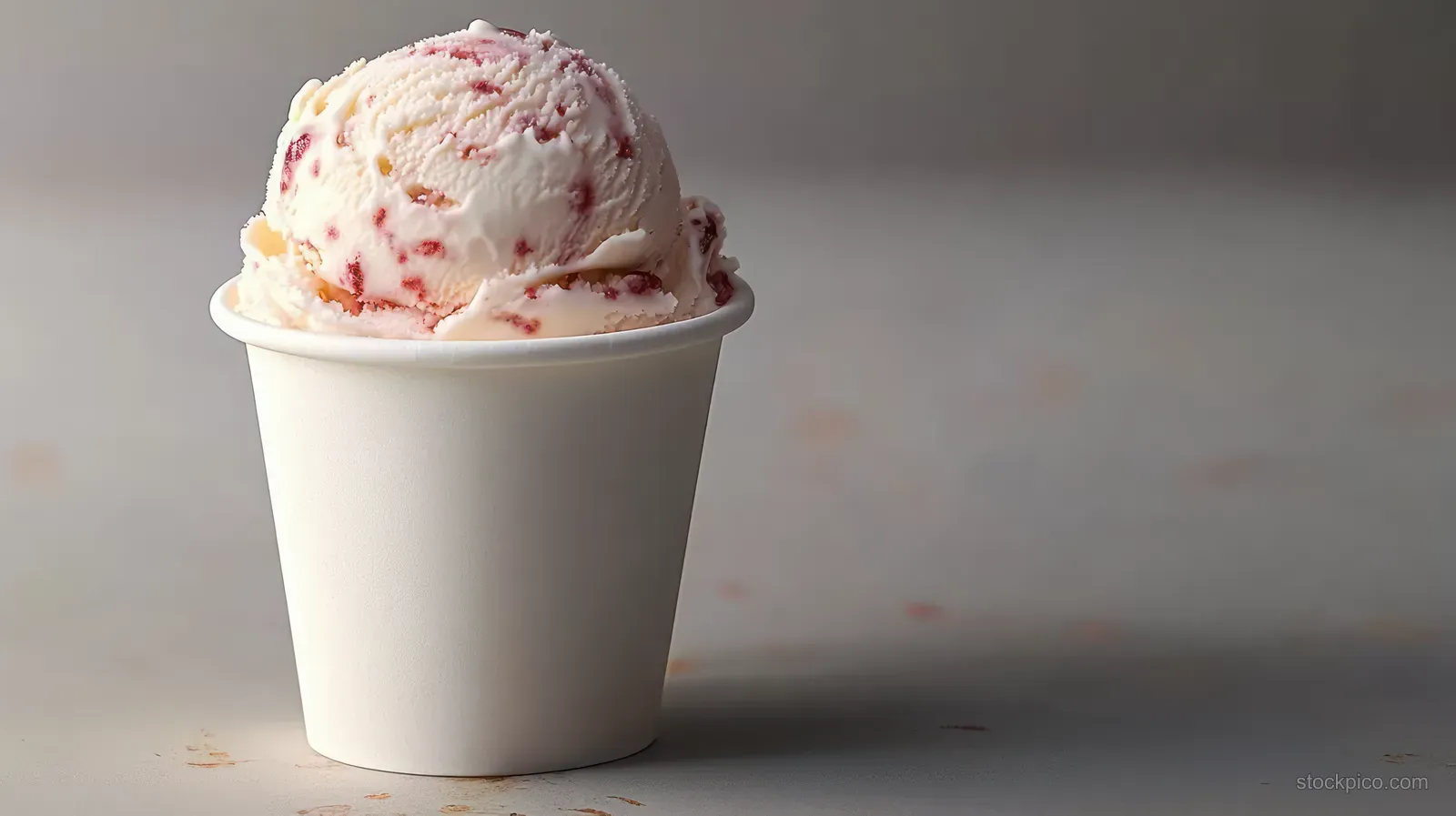 A single scoop of berry ice cream in a white paper cup on a neutral surface under soft light.