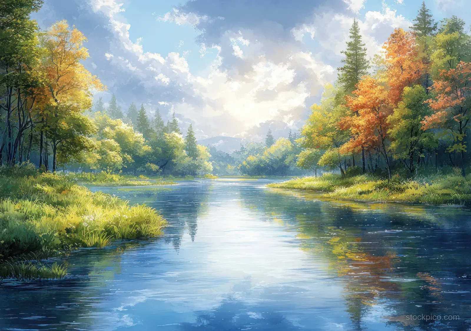 Clear river stream reflecting the sky as misty mountains and colorful trees fill the background.