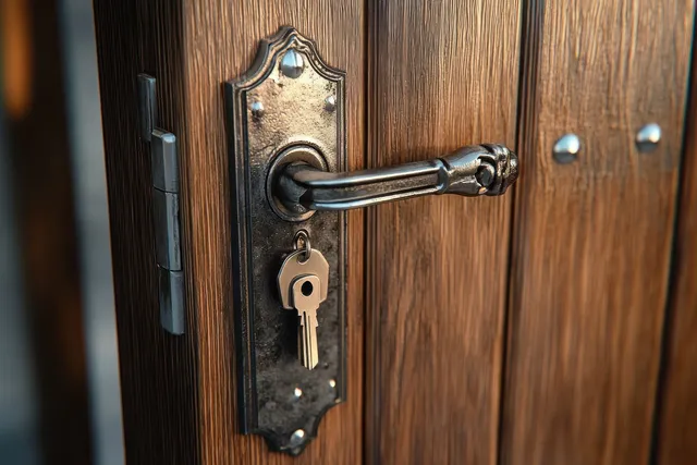 Ornate antique door handle with a key inserted in the lock plate on a weathered wooden door.