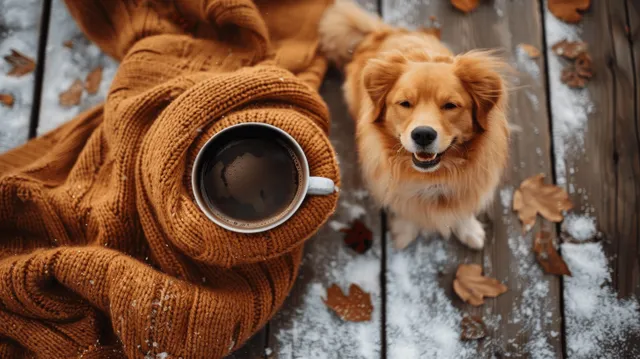 Top view of a hot coffee cup on a wooden table with a knitted scarf, surrounded by autumn leaves and snow.