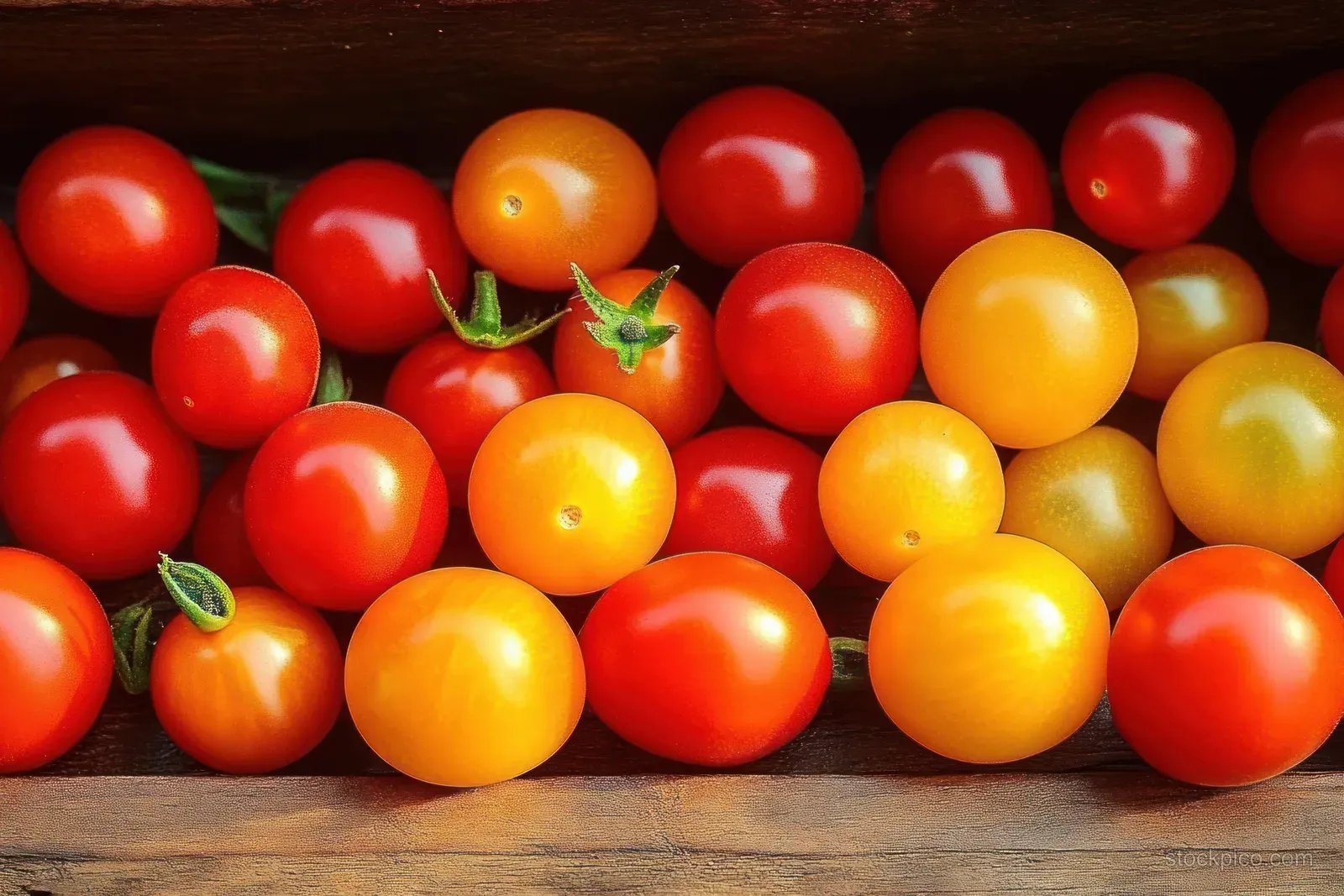 Red and yellow cherry tomatoes with green stems scattered on a rustic wooden surface.