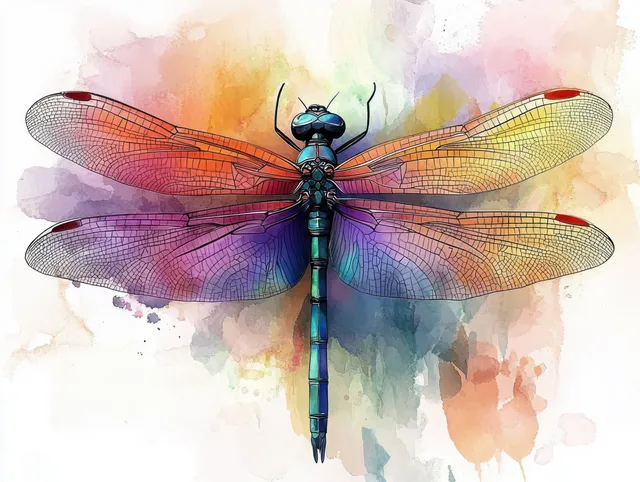 Watercolor illustration of a dragonfly with iridescent wings over a multicolored paint-splash background.